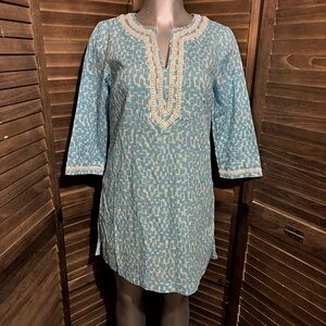 Boden Blue/White Caftan Shift Dress Tunic Sz 10 100% Cotton Embroidered Neckline